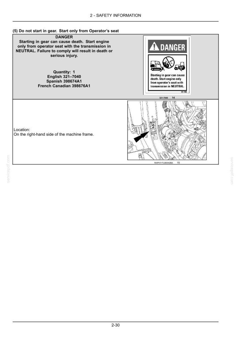 May include: A safety information diagram with the text "DANGER" and instructions to start the engine only from the operator's seat with the transmission in neutral. Includes part numbers and a diagram of engine components.