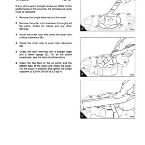 K&ouml;nnte beinhalten: Diagramm zur Inspektion einer Schmier&ouml;lpumpe. Das Bild enth&auml;lt Schritt-f&uuml;r-Schritt-Anleitungen mit Illustrationen, einschlie&szlig;lich des Entfernens der Stellschraube und der &Uuml;berpr&uuml;fung des Rotorabstands. Der Text umfasst Titel, Inspektionsschritte und technische Spezifikationen.