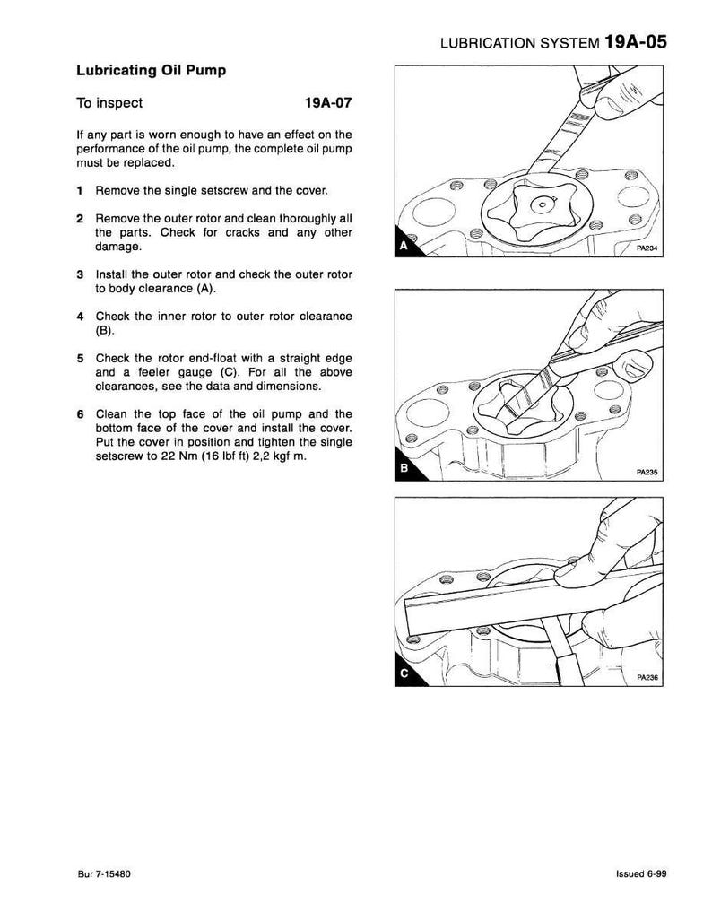K&ouml;nnte beinhalten: Diagramm zur Inspektion einer Schmier&ouml;lpumpe. Das Bild enth&auml;lt Schritt-f&uuml;r-Schritt-Anleitungen mit Illustrationen, einschlie&szlig;lich des Entfernens der Stellschraube und der &Uuml;berpr&uuml;fung des Rotorabstands. Der Text umfasst Titel, Inspektionsschritte und technische Spezifikationen.