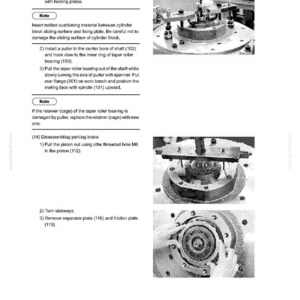 May include: A technical manual page titled 34. TRAVEL SYSTEM featuring black and white instructional photographs of mechanical assembly processes, including a puller tool on a cylinder block and a piston removal procedure with numbered steps.