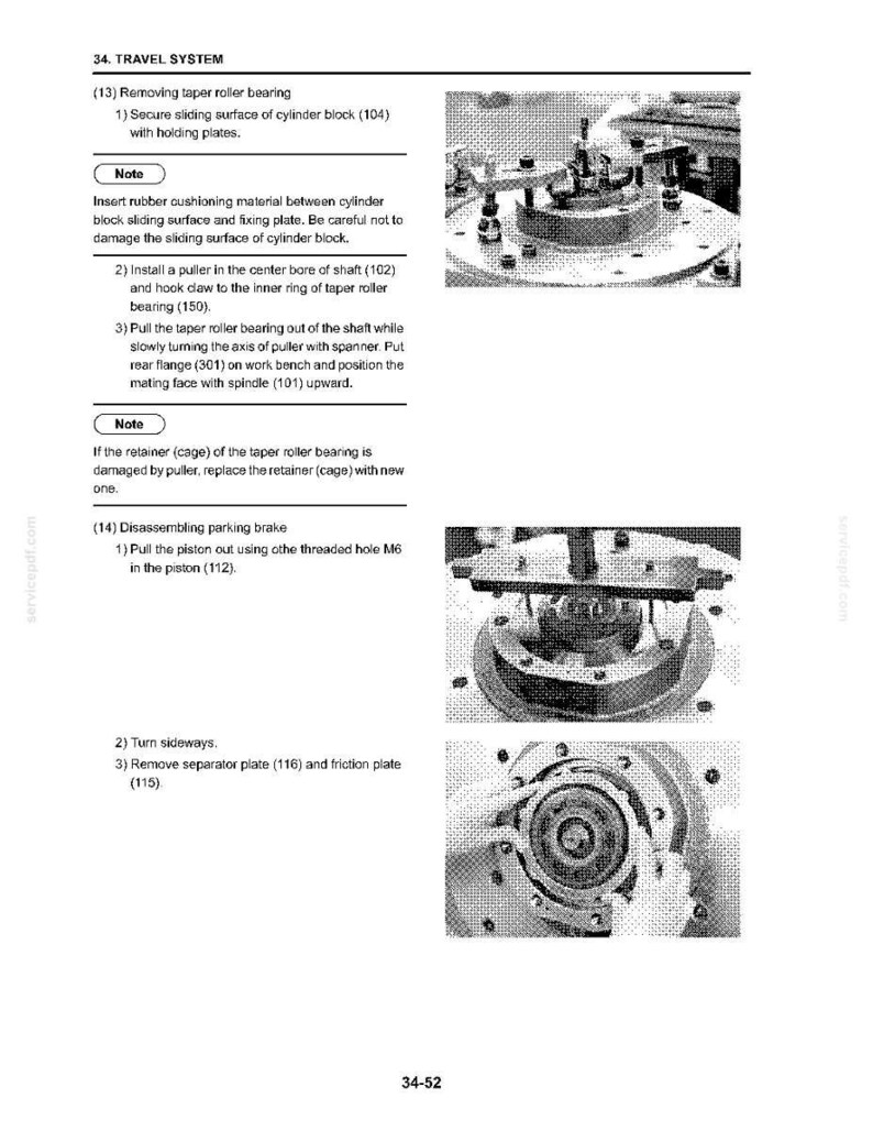 May include: A technical manual page titled 34. TRAVEL SYSTEM featuring black and white instructional photographs of mechanical assembly processes, including a puller tool on a cylinder block and a piston removal procedure with numbered steps.