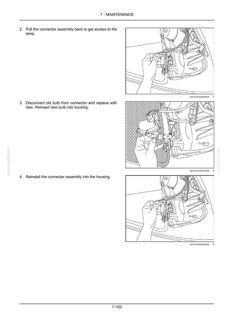 May include: A technical manual page titled 7 - MAINTENANCE featuring three black and white line drawings. The diagrams illustrate steps to pull a connector assembly, disconnect and replace a light bulb, and reinstall the connector assembly.