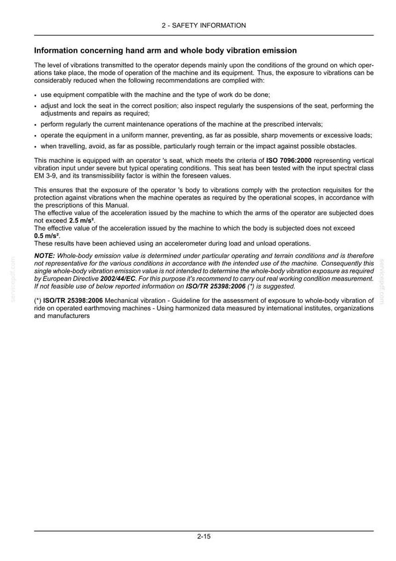 May include: A page from a manual with the title "2 - SAFETY INFORMATION". The text discusses hand-arm and whole-body vibration emission, including safety guidelines and measurement values. It also references ISO standards.