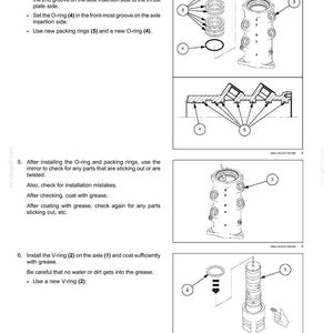 May include: Diagram of hydraulic system components, including packing rings, O-rings, and a V-ring. Instructions detail the installation process, with arrows indicating assembly steps. The image is a technical illustration.