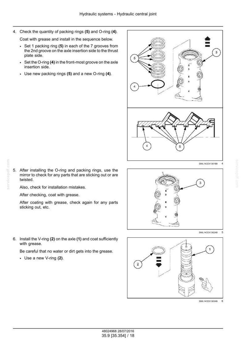 May include: Diagram of hydraulic system components, including packing rings, O-rings, and a V-ring. Instructions detail the installation process, with arrows indicating assembly steps. The image is a technical illustration.
