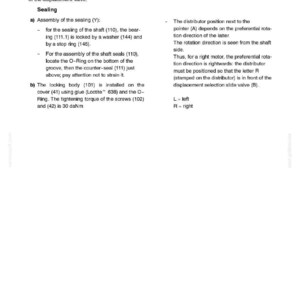 May include: Page from a technical manual, titled "SECTION 29 - HYDROSTATIC DRIVE - CHAPTER 1". The page includes instructions on sealing and distributor timing, with diagrams and specifications. Text includes "Loctite 638" and "30 daNm".