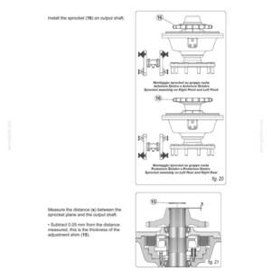 K&ouml;nnte beinhalten: Technische Zeichnung mit detaillierten Illustrationen mechanischer Komponenten. Das Bild enth&auml;lt Diagramme von Ritzeln, Abtriebswellen und Einstellscheiben, mit Beschriftungen und Ma&szlig;en. Textanweisungen sind ebenfalls enthalten.