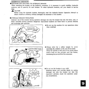 K&ouml;nnte beinhalten: Eine Seite aus einem technischen Handbuch mit dem Titel Chapter 9 Optional Attachments, die Text und drei schwarz-wei&szlig;e Illustrationen eines Baggers mit Hydraulikhammer enth&auml;lt. Die Diagramme zeigen Sicherheitshinweise f&uuml;r den Betrieb.