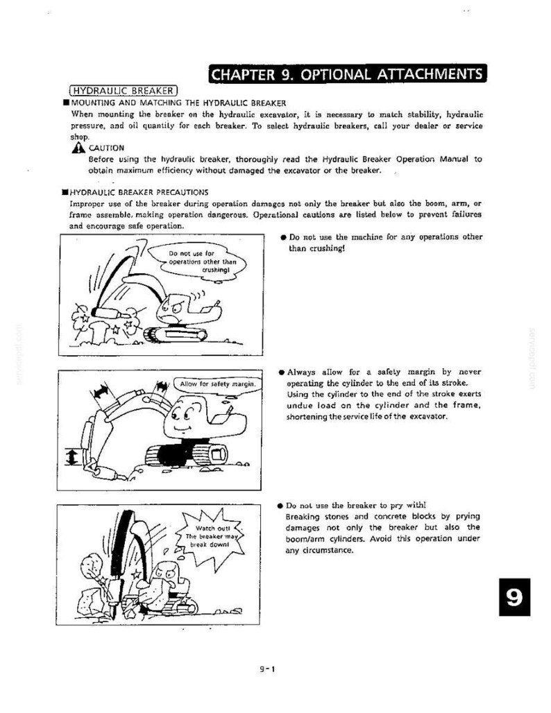 K&ouml;nnte beinhalten: Eine Seite aus einem technischen Handbuch mit dem Titel Chapter 9 Optional Attachments, die Text und drei schwarz-wei&szlig;e Illustrationen eines Baggers mit Hydraulikhammer enth&auml;lt. Die Diagramme zeigen Sicherheitshinweise f&uuml;r den Betrieb.
