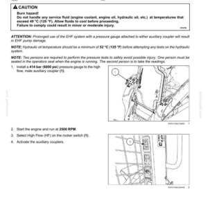 May include: Diagram from a manual detailing hydraulic pump pressure testing. Includes warnings about burn hazards and instructions for testing, such as installing a 6000 psi pressure gauge and activating auxiliary couplers.