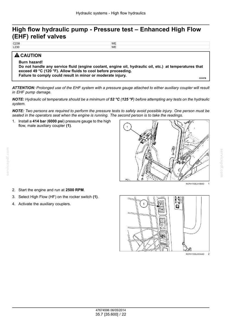 May include: Diagram from a manual detailing hydraulic pump pressure testing. Includes warnings about burn hazards and instructions for testing, such as installing a 6000 psi pressure gauge and activating auxiliary couplers.