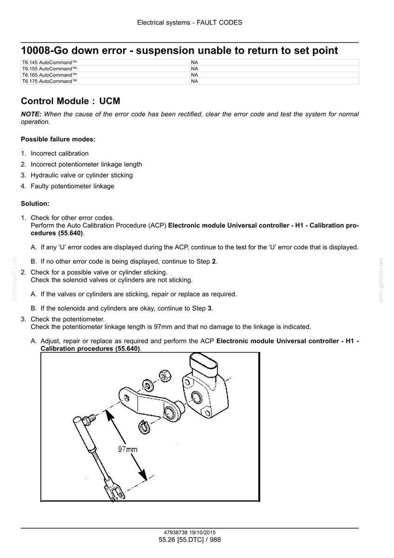 May include: Diagram of an automotive suspension system component with a 97mm measurement indicated. The image includes text about fault codes, control modules, and calibration procedures for electrical systems.