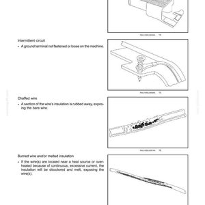 Pu&ograve; includere: Diagrammi che illustrano i problemi del sistema elettrico. Include immagini di connettori incrinati, morsetti di terra allentati, fili spellati e isolamento fuso. Il testo spiega ogni problema.
