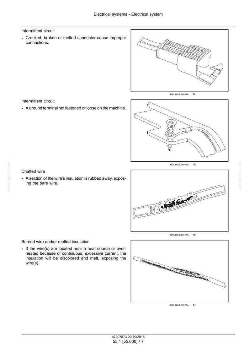 Pu&ograve; includere: Diagrammi che illustrano i problemi del sistema elettrico. Include immagini di connettori incrinati, morsetti di terra allentati, fili spellati e isolamento fuso. Il testo spiega ogni problema.