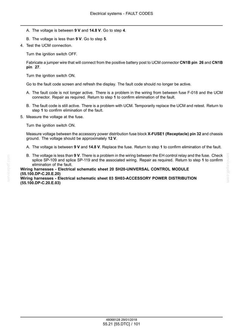 May include: A technical document titled "Electrical systems - FAULT CODES" with troubleshooting steps. The document includes instructions for voltage checks, fuse replacement, and wiring harness inspection. It provides detailed guidance for resolving electrical system faults.