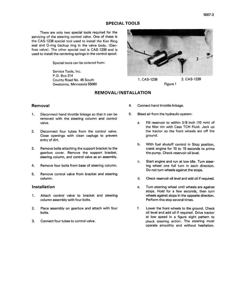 May include: Diagram of special tools and instructions for servicing a steering control valve. Includes tool models CAS-1238 and CAS-1239, along with removal and installation steps. Text on a white background.