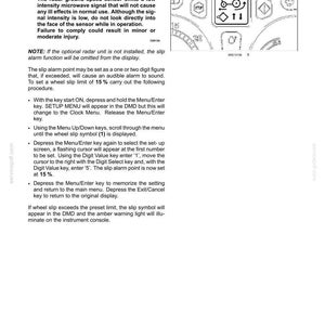 May include: A technical manual page titled 3-CONTROLS AND INSTRUMENTS detailing the procedure for setting the slip alarm point. It includes a caution regarding radar ground speed sensors and a diagram showing a tractor icon labeled with the number 1.