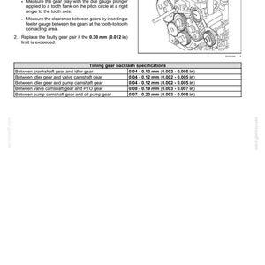 May include: Diagram of an engine's crankcase gears with backlash specifications. Includes measurements in inches for gear clearance, such as 0.002-0.005 in. Text includes "Crankcase gears - Backlash".