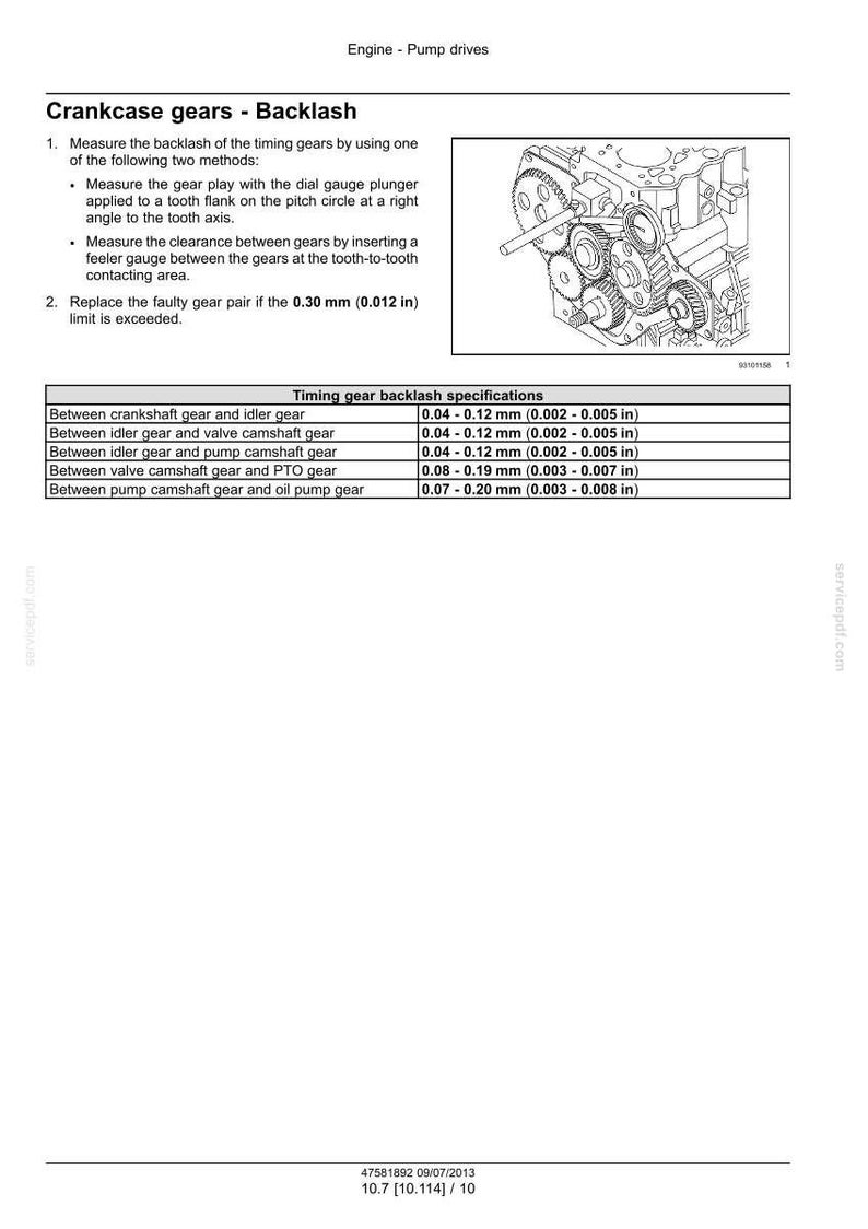 May include: Diagram of an engine's crankcase gears with backlash specifications. Includes measurements in inches for gear clearance, such as 0.002-0.005 in. Text includes "Crankcase gears - Backlash".