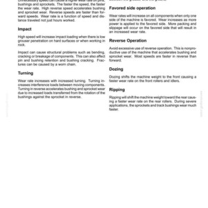 May include: A page from a manual titled "6 - WORKING OPERATIONS" detailing factors affecting wear on machinery components. Topics include speed, impact, turning, track slip, and reverse operation. The page includes text and is white.