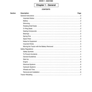 May include: A page from a manual titled "SECTION 00 - GENERAL" with the text "Chapter 1 - General" and a table of contents. The table lists various sections like "General Instructions", "Battery", and "Engine". The page number is indicated at the bottom.