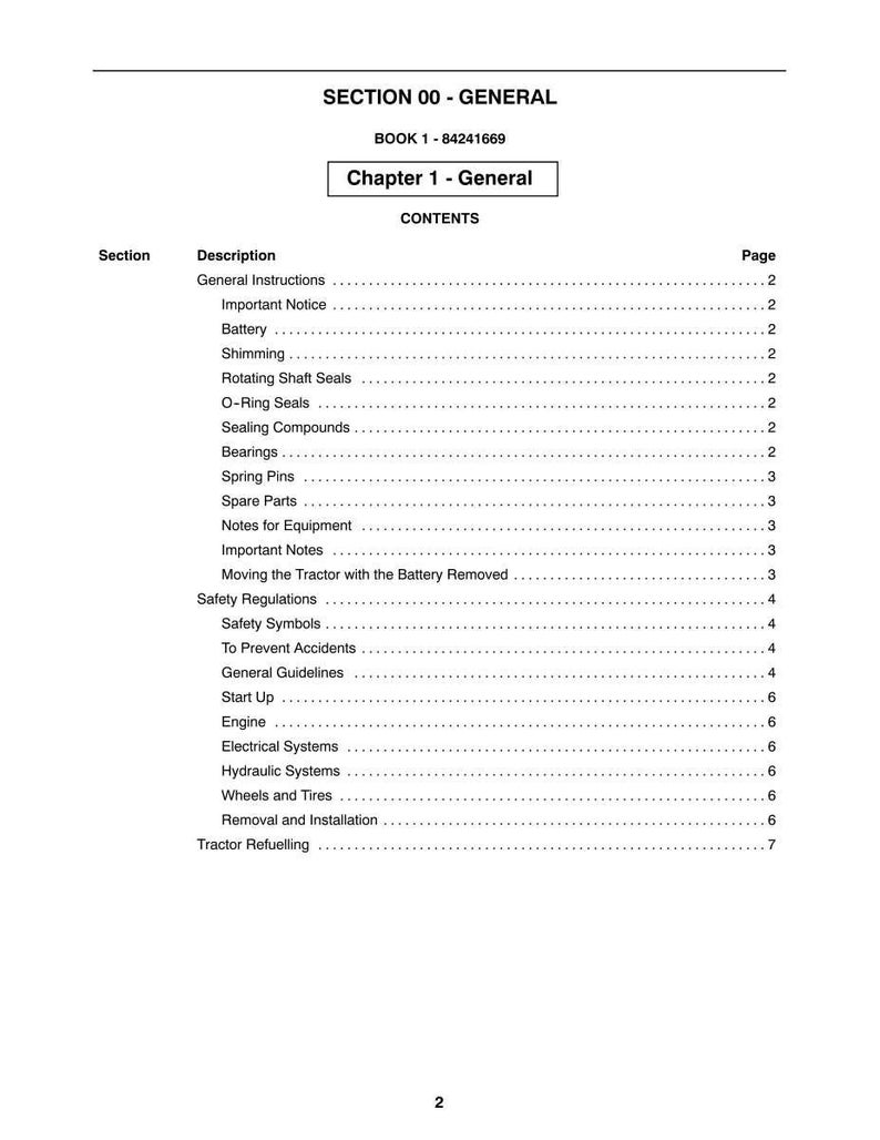 May include: A page from a manual titled "SECTION 00 - GENERAL" with the text "Chapter 1 - General" and a table of contents. The table lists various sections like "General Instructions", "Battery", and "Engine". The page number is indicated at the bottom.
