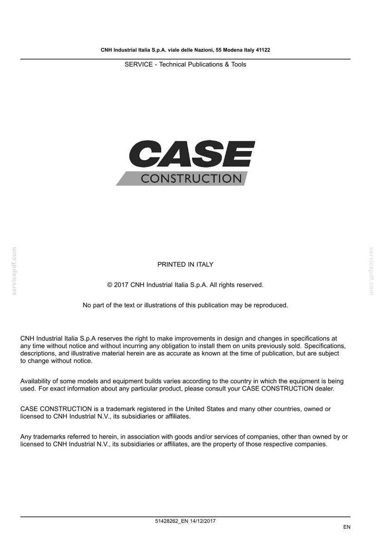 May include: A white document with the words "CASE CONSTRUCTION" in bold black letters. The document also includes the text "SERVICE - Technical Publications & Tools" and copyright information.
