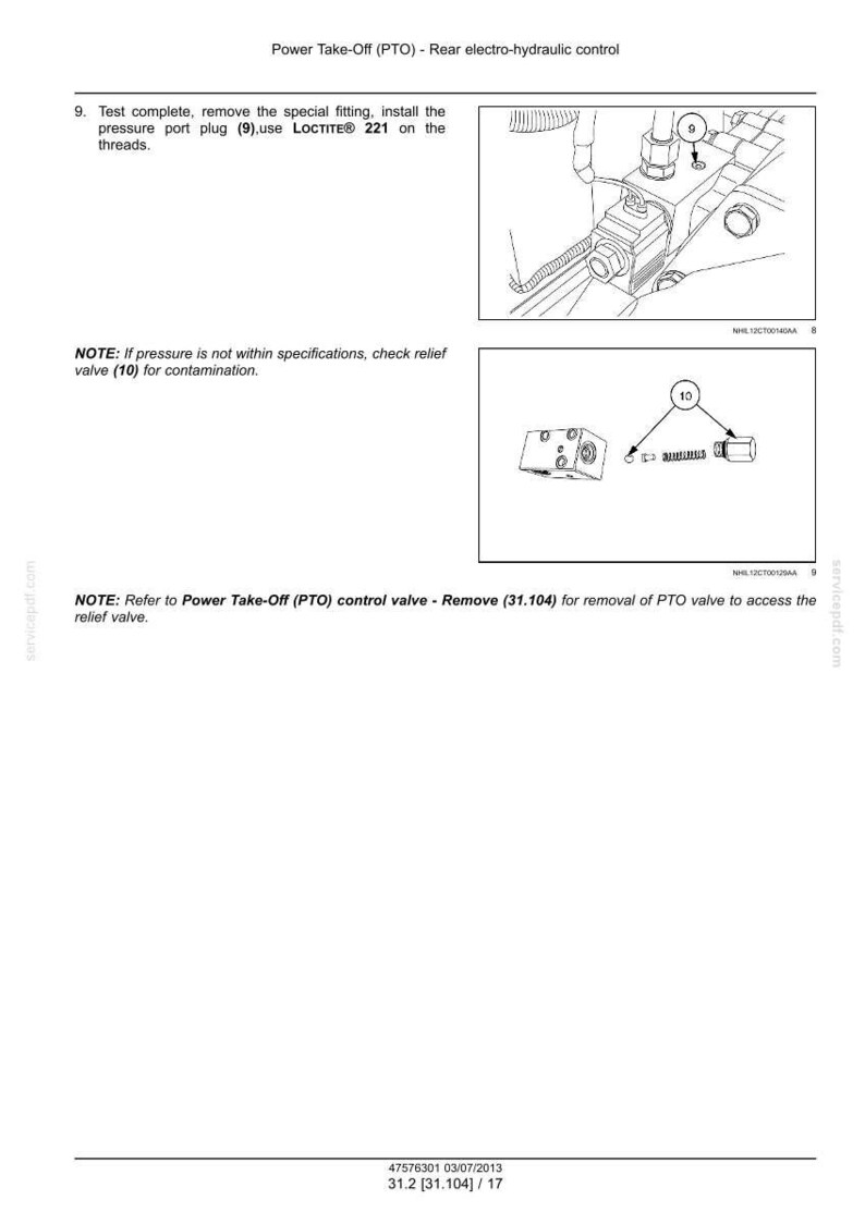 May include: Diagram of a Power Take-Off (PTO) rear electro-hydraulic control system. Includes close-up illustrations of components, with labels and instructions for maintenance, including the use of LOCTITE 221.
