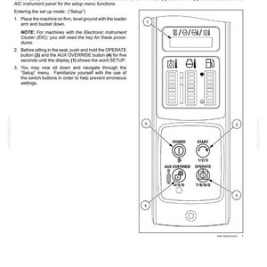 Puede incluir: Un diagrama t&eacute;cnico del men&uacute; de configuraci&oacute;n del panel de instrumentos para maquinaria pesada. La imagen muestra una pantalla digital, tres barras de medici&oacute;n verticales y cuatro botones de control circulares: POWER, START, AUX OVERRIDE y OPERATE.