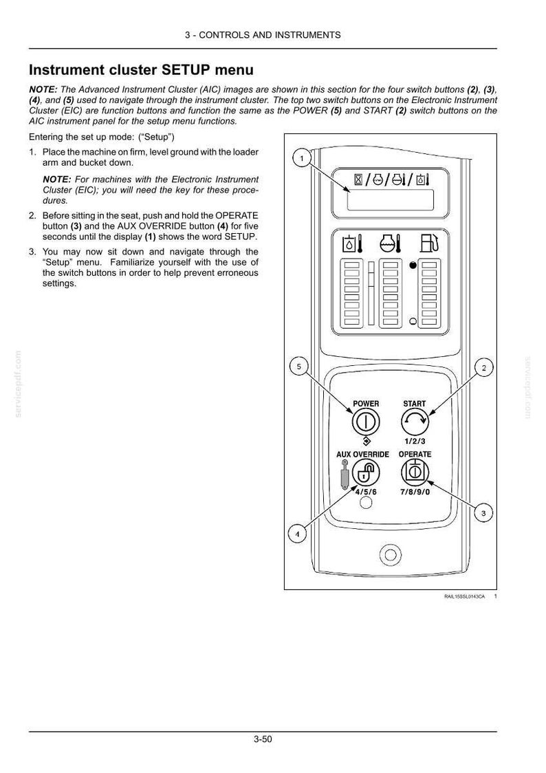 Puede incluir: Un diagrama t&eacute;cnico del men&uacute; de configuraci&oacute;n del panel de instrumentos para maquinaria pesada. La imagen muestra una pantalla digital, tres barras de medici&oacute;n verticales y cuatro botones de control circulares: POWER, START, AUX OVERRIDE y OPERATE.