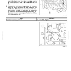 May include: Diagram of an engine oil filter bypass valve inspection. The image includes a cross-section diagram and a schematic with labels for components like the valve housing and plug. Text details torque specifications in foot-pounds and pressure in psi.