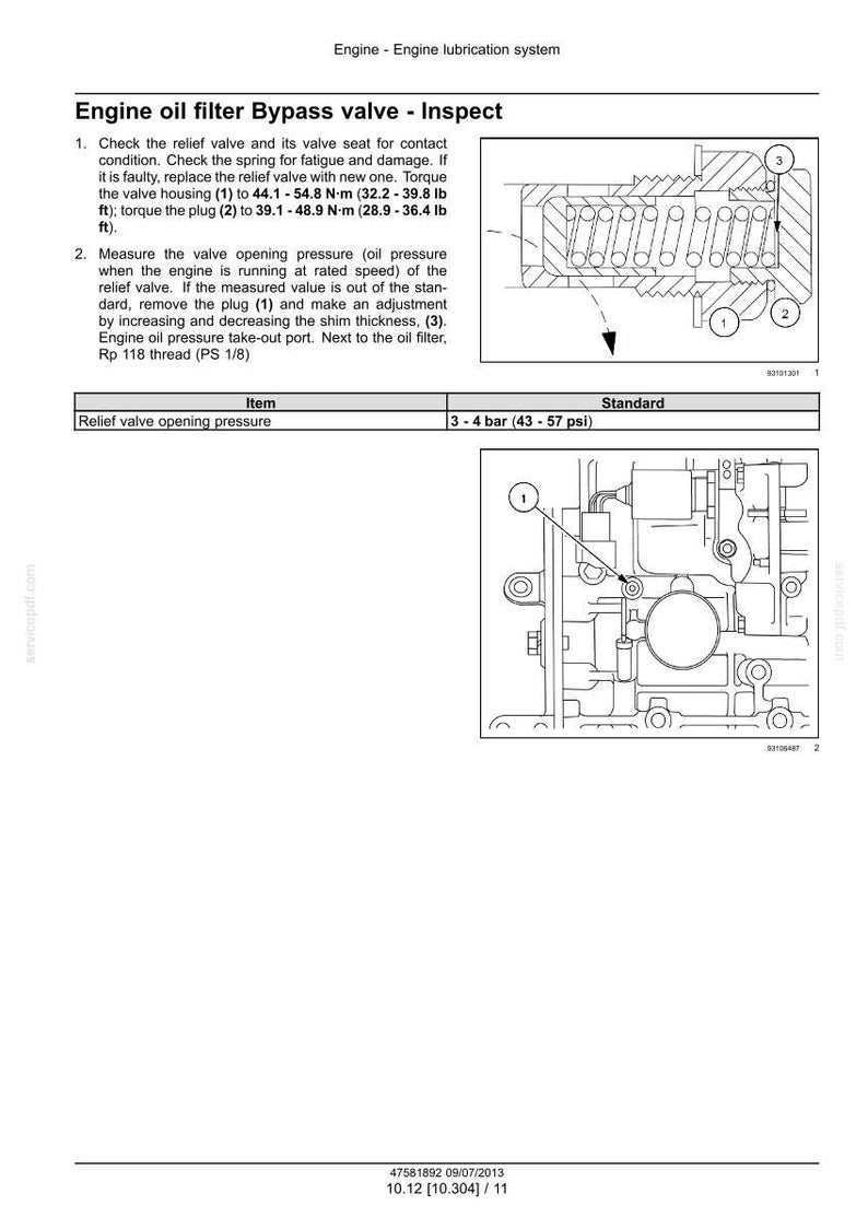 May include: Diagram of an engine oil filter bypass valve inspection. The image includes a cross-section diagram and a schematic with labels for components like the valve housing and plug. Text details torque specifications in foot-pounds and pressure in psi.