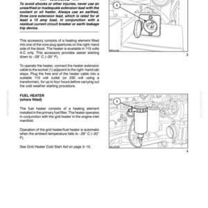 May include: A technical manual page titled Section 3 - Field Operations, featuring text and two line-art diagrams. The diagrams illustrate a coolant immersion heater socket and a fuel heater component, both labeled with the number 1 for reference.