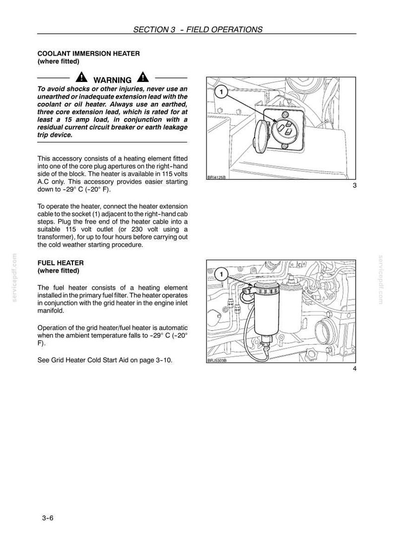 May include: A technical manual page titled Section 3 - Field Operations, featuring text and two line-art diagrams. The diagrams illustrate a coolant immersion heater socket and a fuel heater component, both labeled with the number 1 for reference.