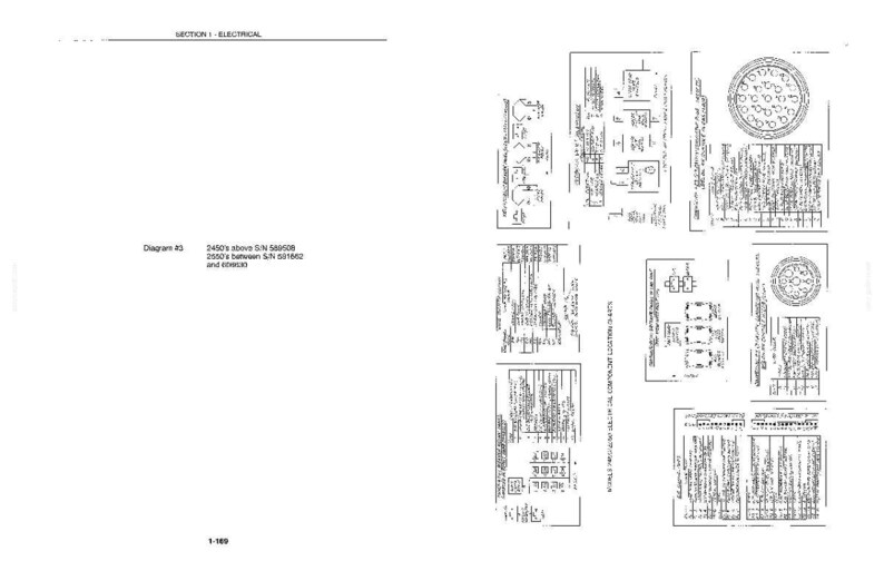 May include: A technical document page titled SECTION 1 - ELECTRICAL, featuring Diagram #3. It includes text regarding serial numbers 589508, 681662, and 686938, alongside various black and white electrical schematics, circular connector pinout diagrams, and tables.