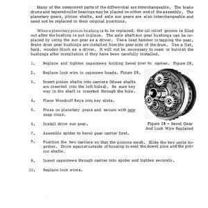 May include: A page from a manual detailing the reassembly of a differential. The text describes the steps, including replacing capscrews, inserting pinion shafts, and installing gears. A diagram of a bevel gear and lock wire is included.