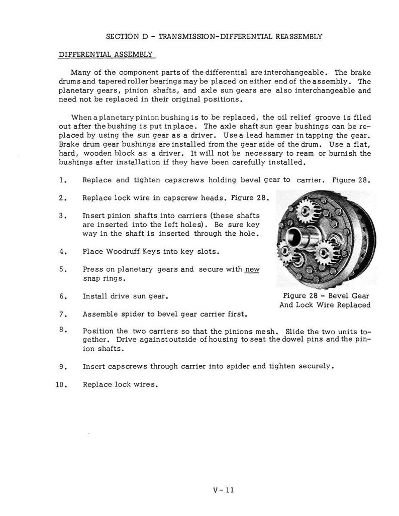 May include: A page from a manual detailing the reassembly of a differential. The text describes the steps, including replacing capscrews, inserting pinion shafts, and installing gears. A diagram of a bevel gear and lock wire is included.