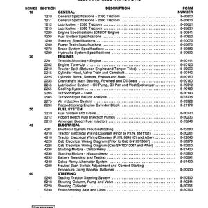 May include: A table of contents for 2390 and 2590 tractors, listing various specifications, engine details, fuel system, electrical components, and steering information. The document is labeled "Reprinted" and was printed in the U.S.A. in July 1985.