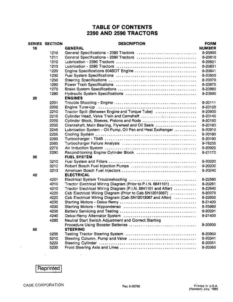 May include: A table of contents for 2390 and 2590 tractors, listing various specifications, engine details, fuel system, electrical components, and steering information. The document is labeled "Reprinted" and was printed in the U.S.A. in July 1985.