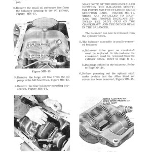 Op de afbeelding: Een zwart-wit technische diagram met de stappen voor het verwijderen en demonteren van een balancer. De afbeelding bevat close-upweergaven van motoronderdelen, gelabeld met tekst en diagrammen. Figuren MM-13, MM-14 en MM-15 worden vermeld.