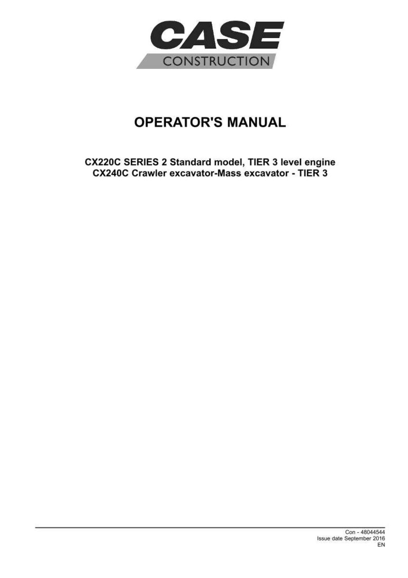 May include: A white document with the "CASE CONSTRUCTION" logo at the top. The text "OPERATOR'S MANUAL" is centered below the logo. Below that, the document lists excavator models and engine specifications.