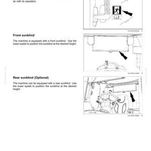 May include: Diagram of a vehicle's interior, highlighting controls and instruments. Includes illustrations of an emergency exit, front sunblind, and optional rear sunblind. Text provides instructions for use.