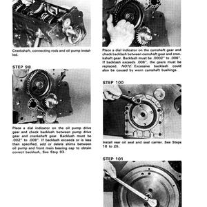 Op de afbeelding: Een zwart-wit technische tekening met stapsgewijze instructies voor motorreparatie. De afbeelding toont close-ups van motoronderdelen, waaronder tandwielen, krukas en oliekeerringen. De tekst bevat instructies voor spelingcontroles en koppel specificaties.