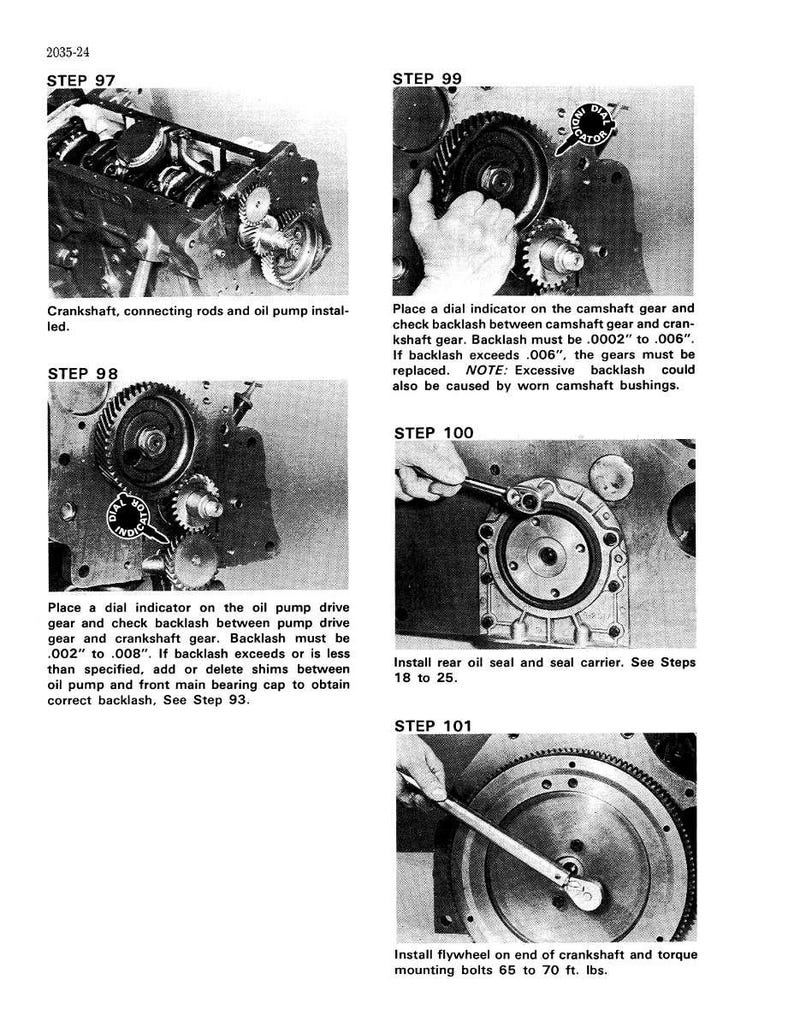 Op de afbeelding: Een zwart-wit technische tekening met stapsgewijze instructies voor motorreparatie. De afbeelding toont close-ups van motoronderdelen, waaronder tandwielen, krukas en oliekeerringen. De tekst bevat instructies voor spelingcontroles en koppel specificaties.