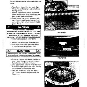May include: A technical manual page titled Section IV- MAINTENANCE M. SLEWING RING, featuring instructions for grease level inspection and maintenance. It includes three black and white diagrams labeled Figure 4.92, 4.93, and 4.94 with text.