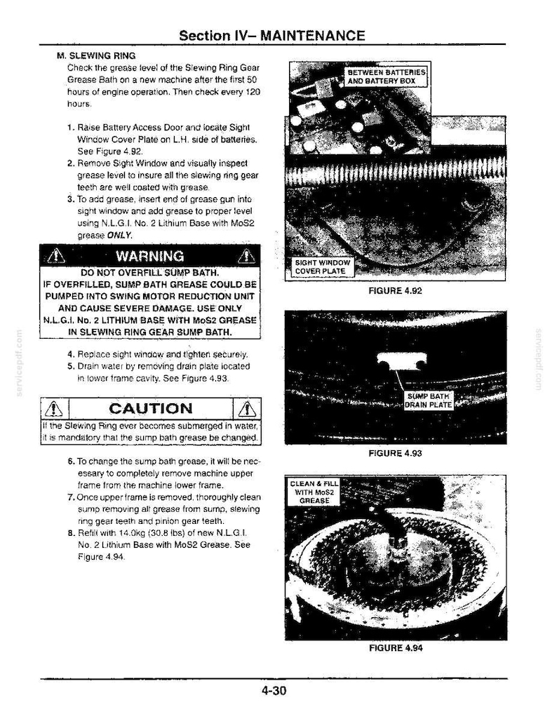 May include: A technical manual page titled Section IV- MAINTENANCE M. SLEWING RING, featuring instructions for grease level inspection and maintenance. It includes three black and white diagrams labeled Figure 4.92, 4.93, and 4.94 with text.