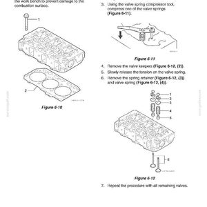Puede incluir: Una p&aacute;gina de manual t&eacute;cnico titulada ENGINE Cylinder Head con dibujos lineales en blanco y negro. Ilustra la extracci&oacute;n de pernos de culata, una junta y v&aacute;lvulas de admisi&oacute;n/escape utilizando una herramienta compresora de muelles de v&aacute;lvula.