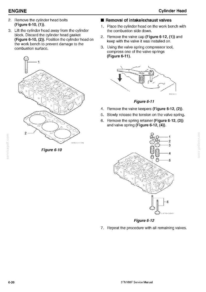 Puede incluir: Una p&aacute;gina de manual t&eacute;cnico titulada ENGINE Cylinder Head con dibujos lineales en blanco y negro. Ilustra la extracci&oacute;n de pernos de culata, una junta y v&aacute;lvulas de admisi&oacute;n/escape utilizando una herramienta compresora de muelles de v&aacute;lvula.