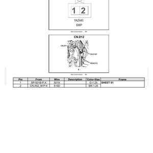 May include: Diagram of an alternator connector, CN.D12, with the text "YAZAKI SWP" and pin details. Includes a schematic of the electrical system and a table with pin, wire, and color-size information. The document is labeled "Electrical systems - Harnesses and connectors."