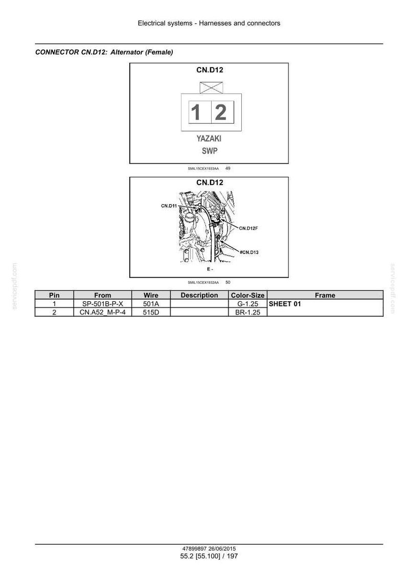 May include: Diagram of an alternator connector, CN.D12, with the text "YAZAKI SWP" and pin details. Includes a schematic of the electrical system and a table with pin, wire, and color-size information. The document is labeled "Electrical systems - Harnesses and connectors."